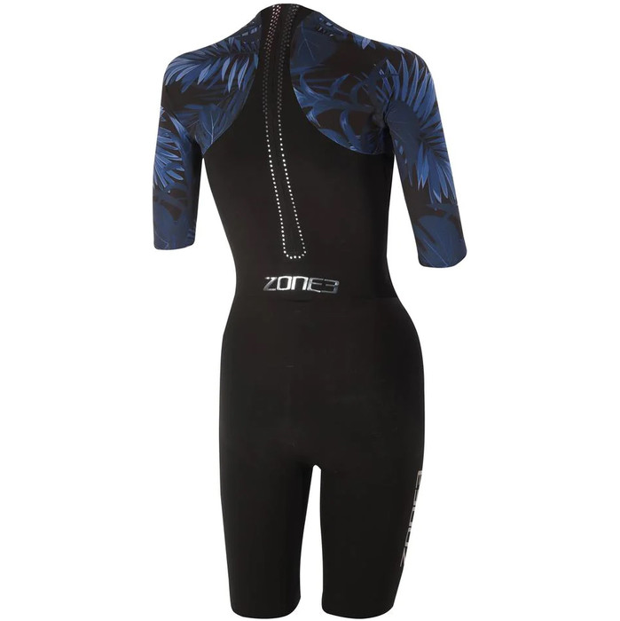 2024 Zone3 Womens Tropical Palm Back Zip Shorty Swimskin SS21WWTC101 - Black / Blue